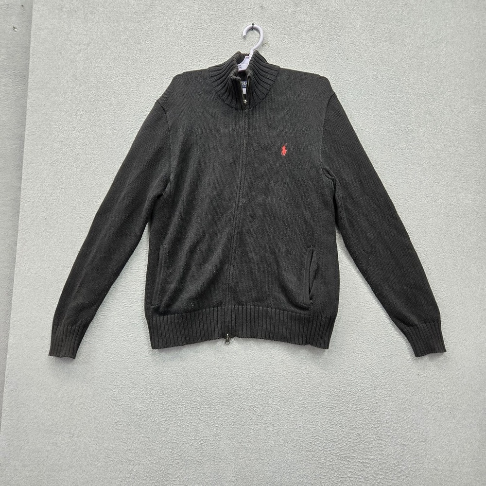 Polo Ralph Lauren Men Sweater M Black Embroidered Full Zip Sweater Zipper Pony